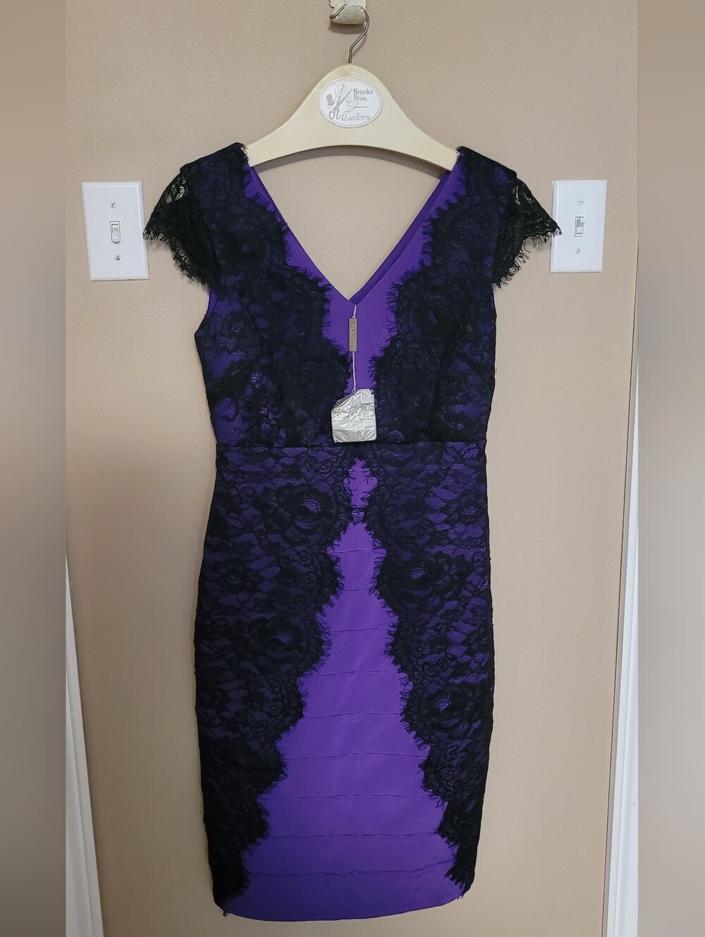 Purple Sheath Dress with Black Lace Overlay